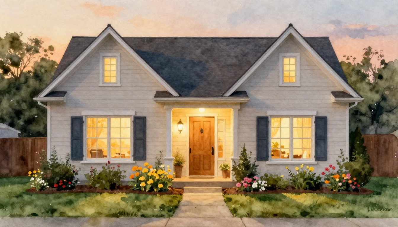 A charming and cozy suburban house illuminated by a warm, go...
