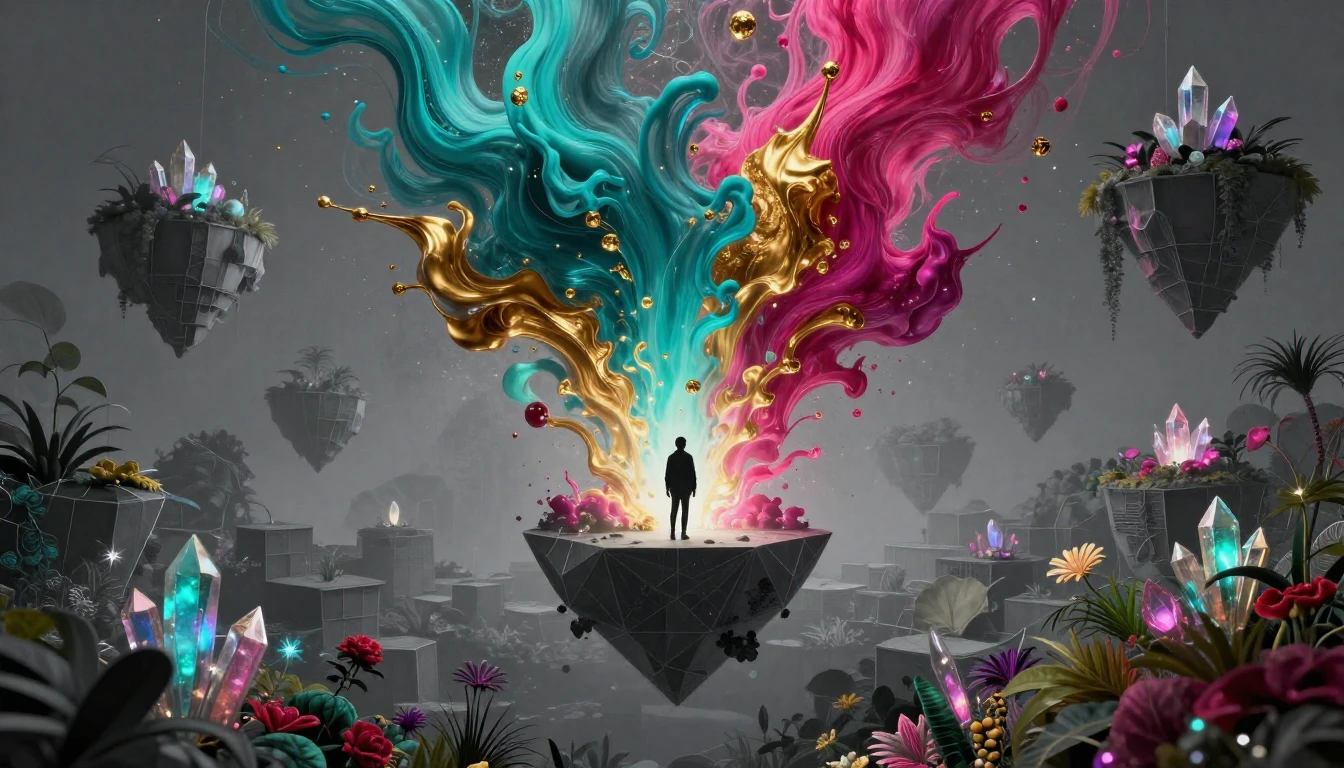 A surreal and breathtaking landscape showing a small silhoue...