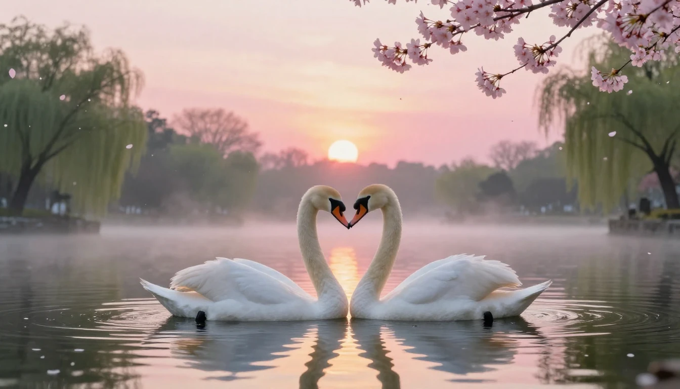 A dreamy and romantic scene featuring two elegant white swan...