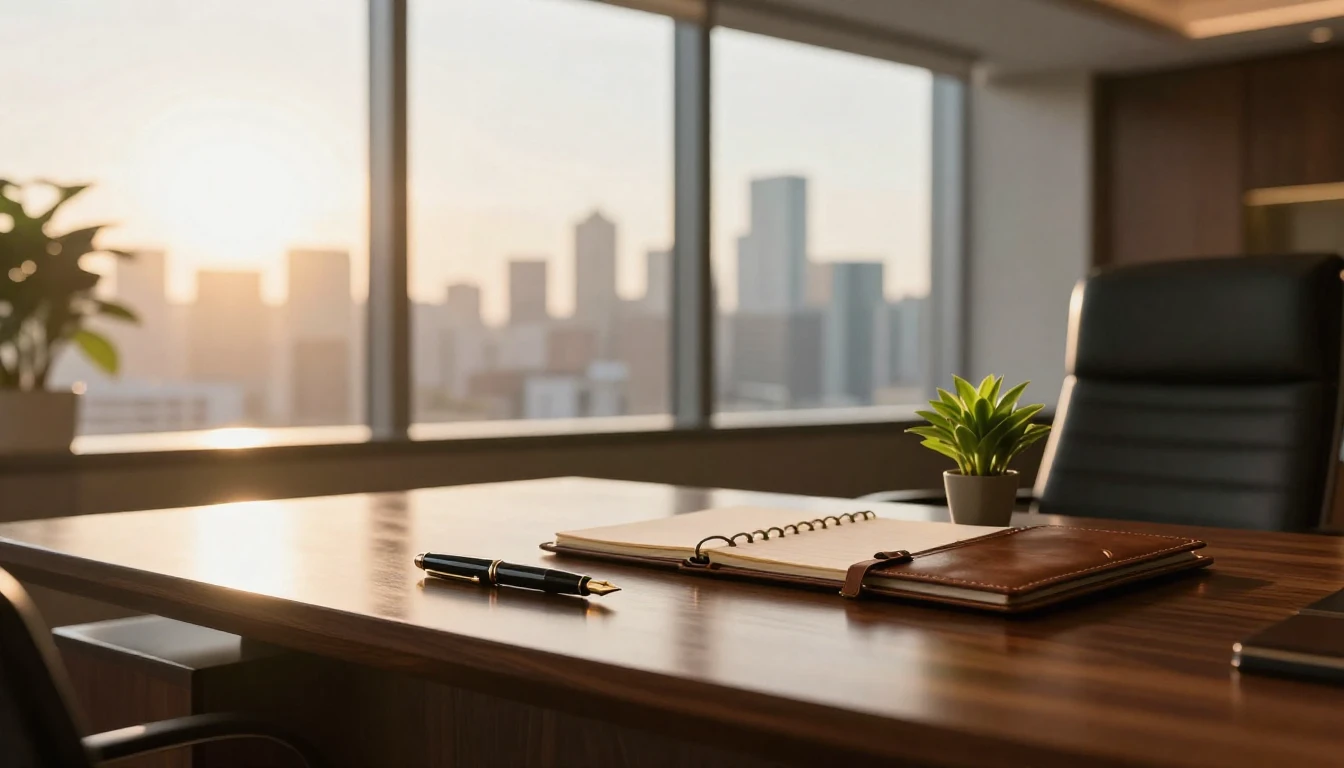 A sophisticated and elegant executive office interior during...