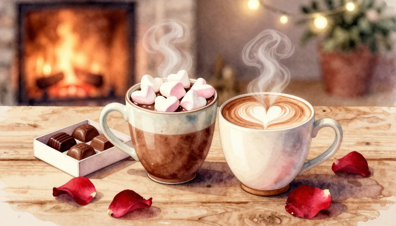 A warm and romantic scene featuring two steaming ceramic mug...