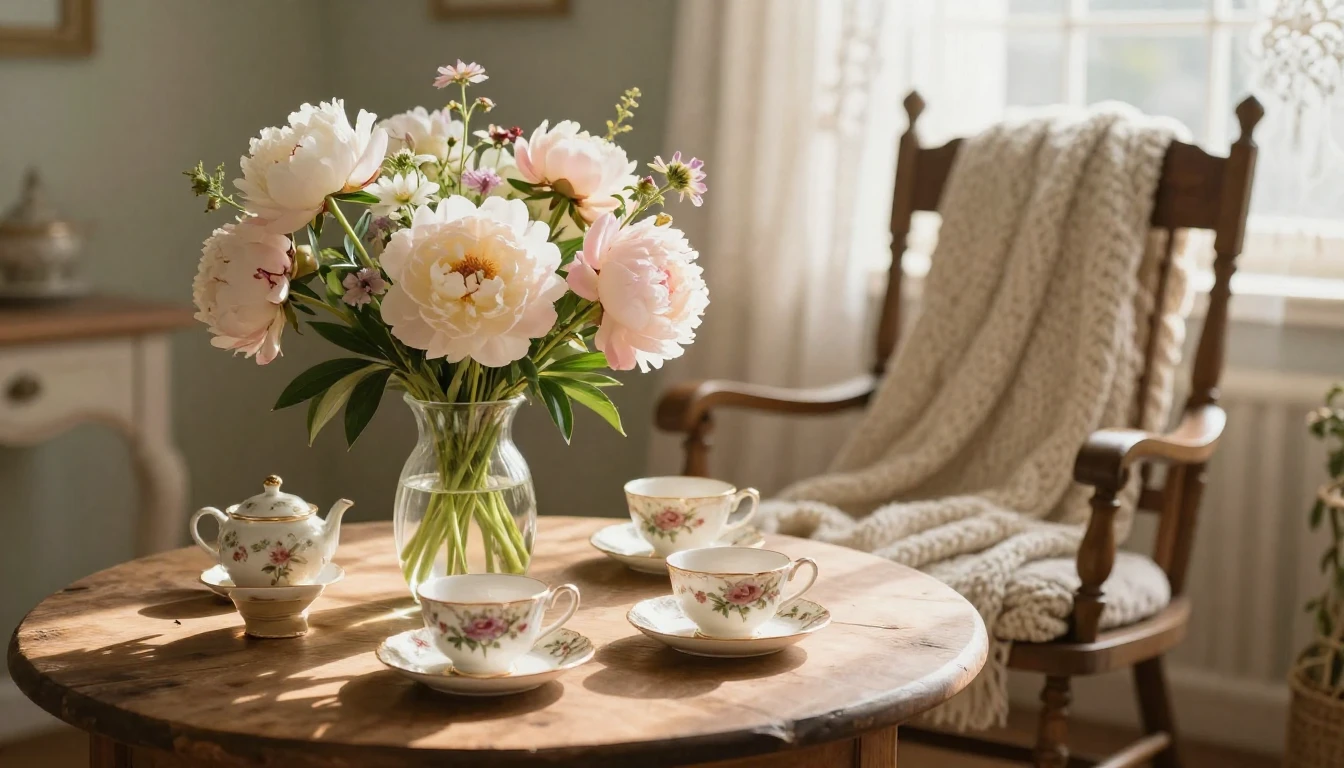 A cozy, sun-drenched domestic scene featuring a rustic woode...