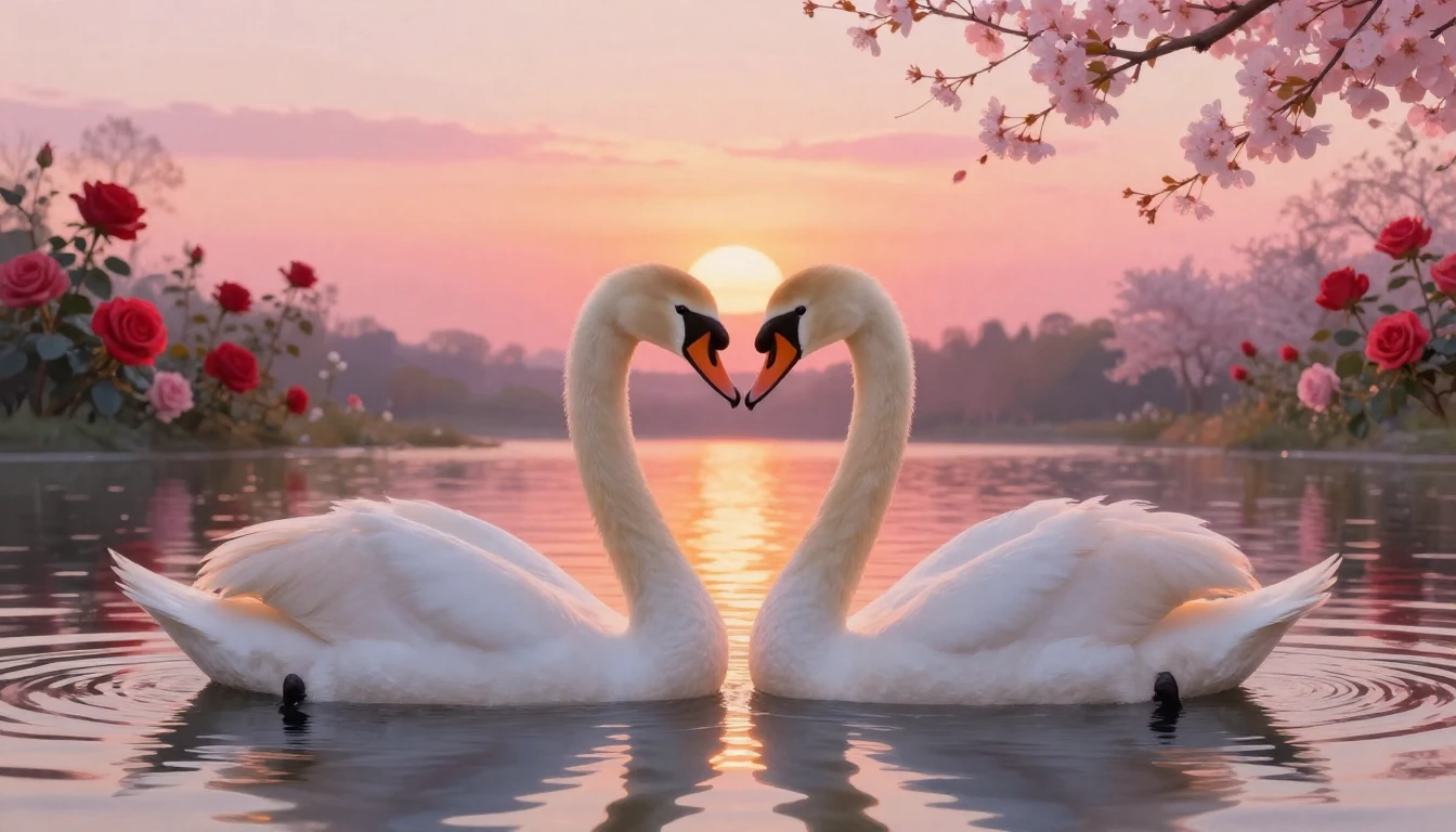 A romantic and cozy scene featuring two elegant white swans ...