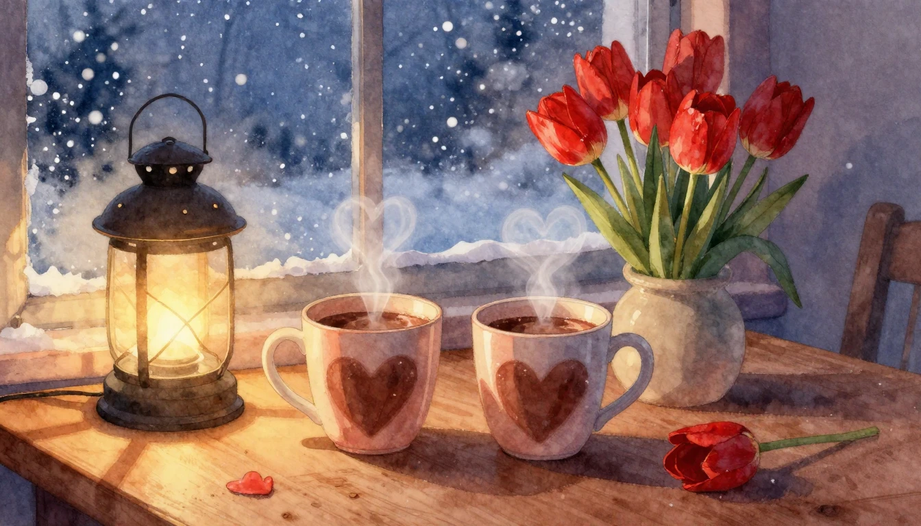 A soft and romantic watercolor painting depicting a cozy eve...