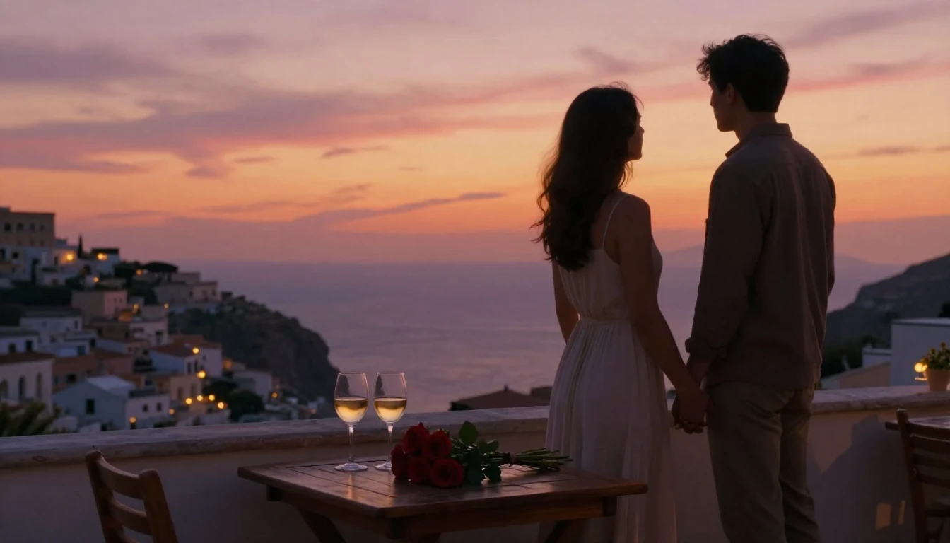 A romantic and cozy scene featuring two silhouetted figures ...