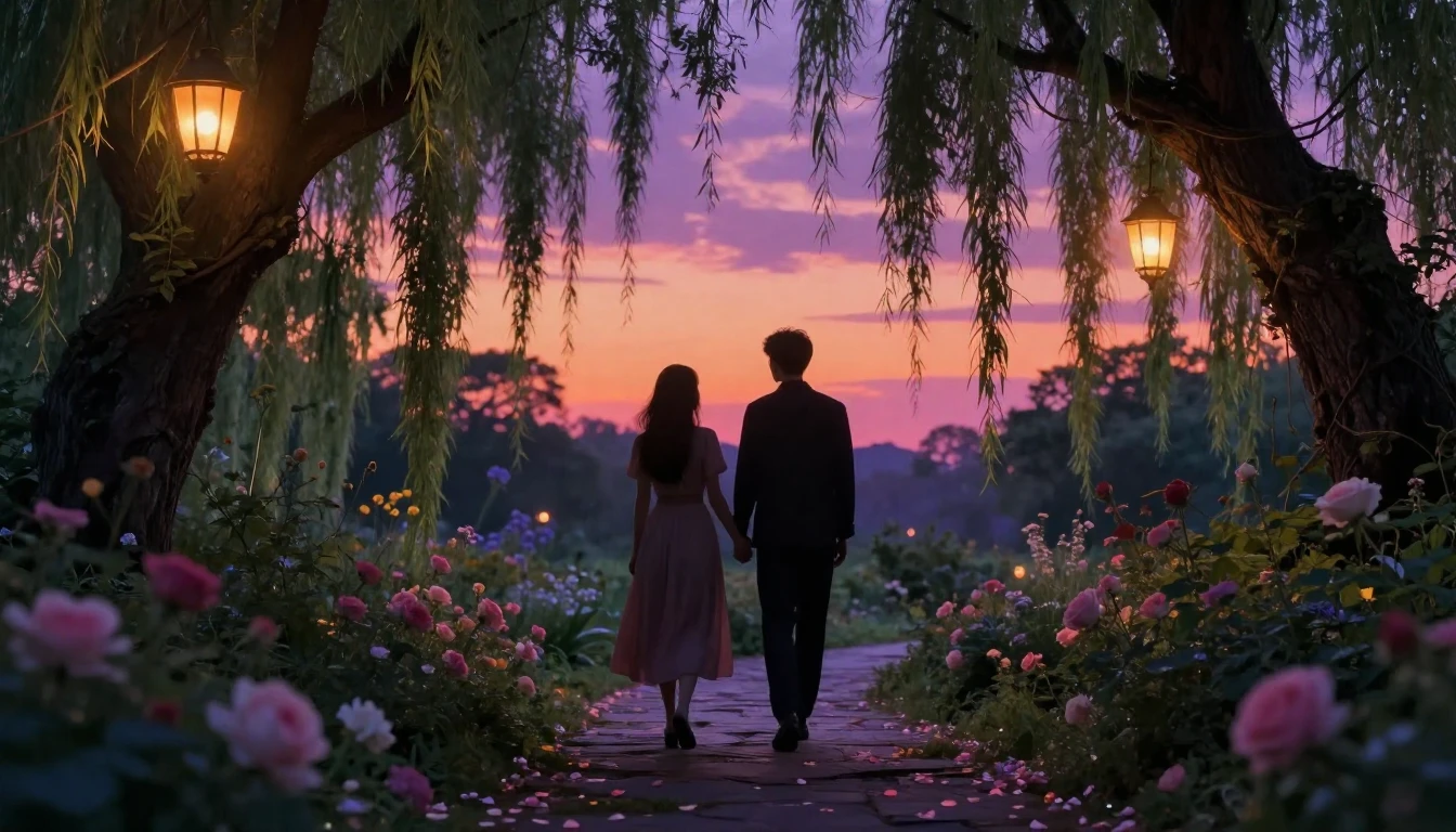 A romantic and enchanting scene featuring two silhouetted fi...