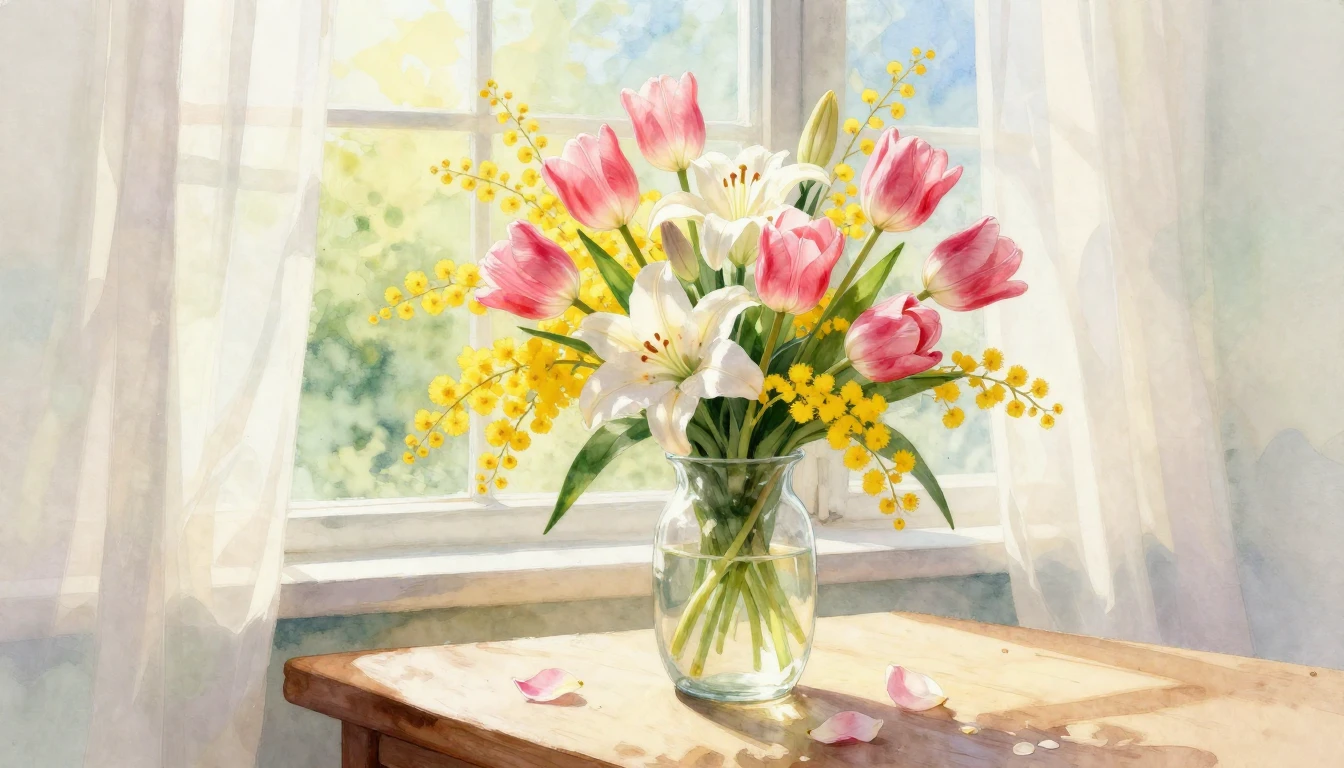 A beautiful watercolor painting of a vibrant bouquet of spri...