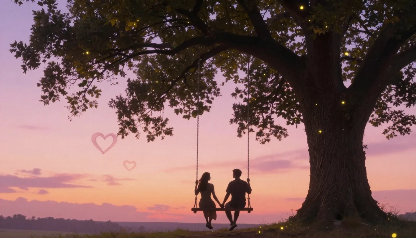 A dreamy and soft composition depicting two silhouettes hold...