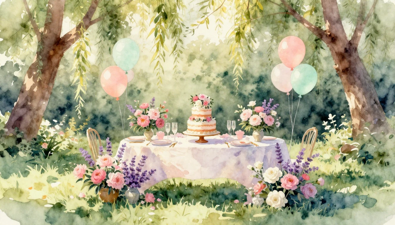 A dreamy watercolor painting of an enchanting garden party c...