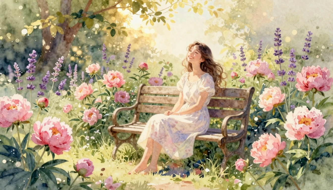 A delicate and warm watercolor painting of a serene garden f...