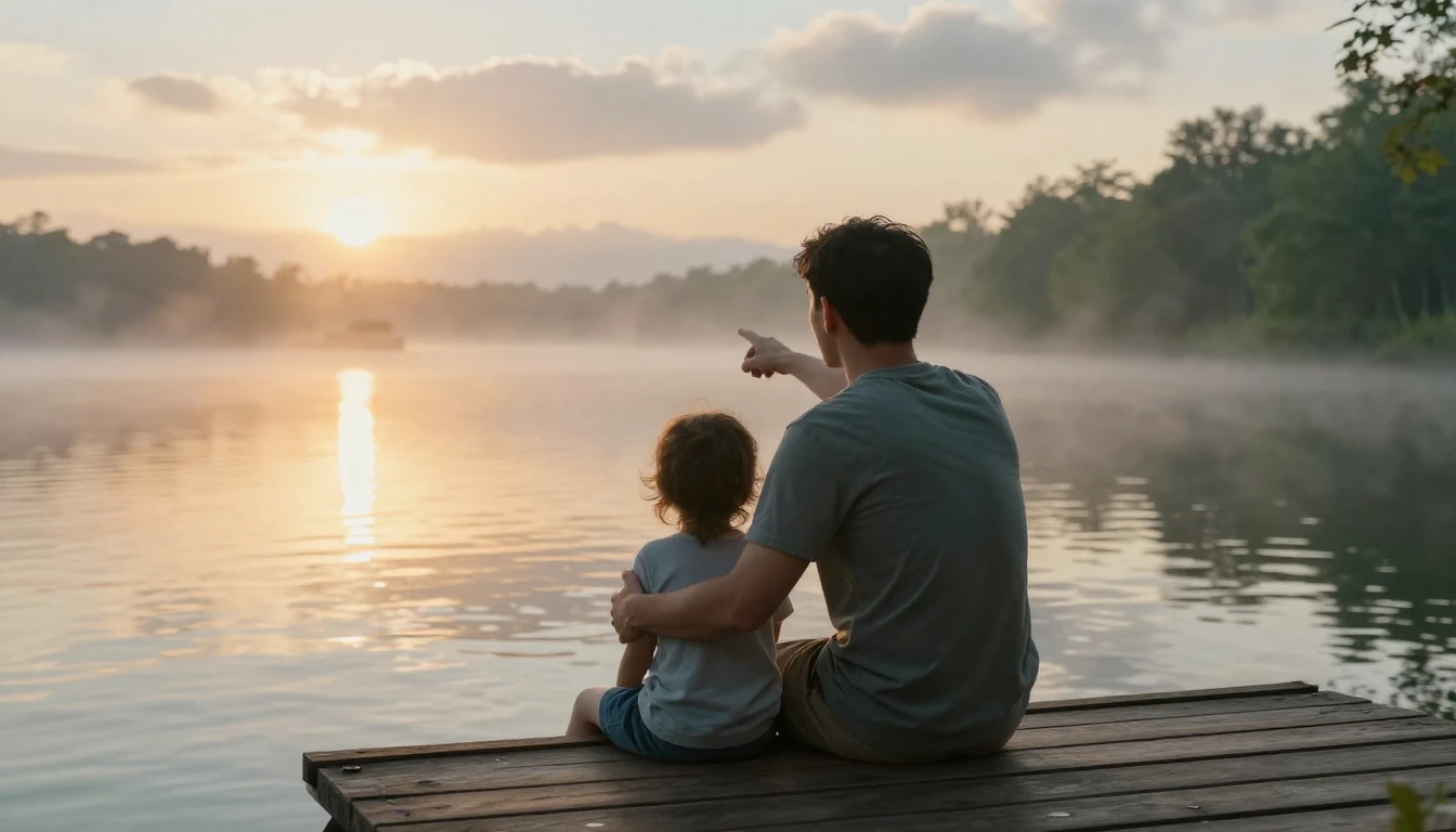 A heartwarming scene of a father and a small child sitting t...