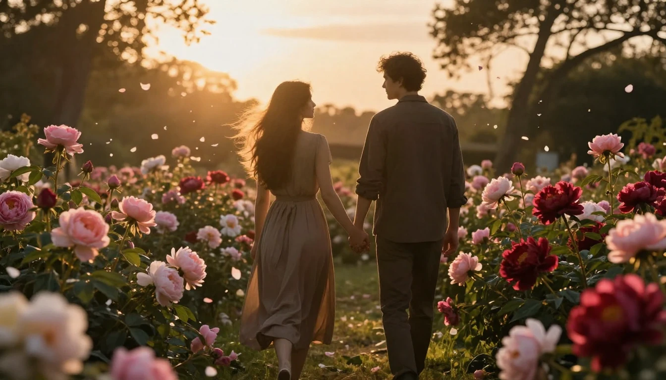 A romantic and intimate scene of two silhouettes holding han...