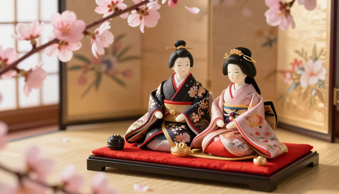 A serene and enchanting Hinamatsuri scene featuring traditio...