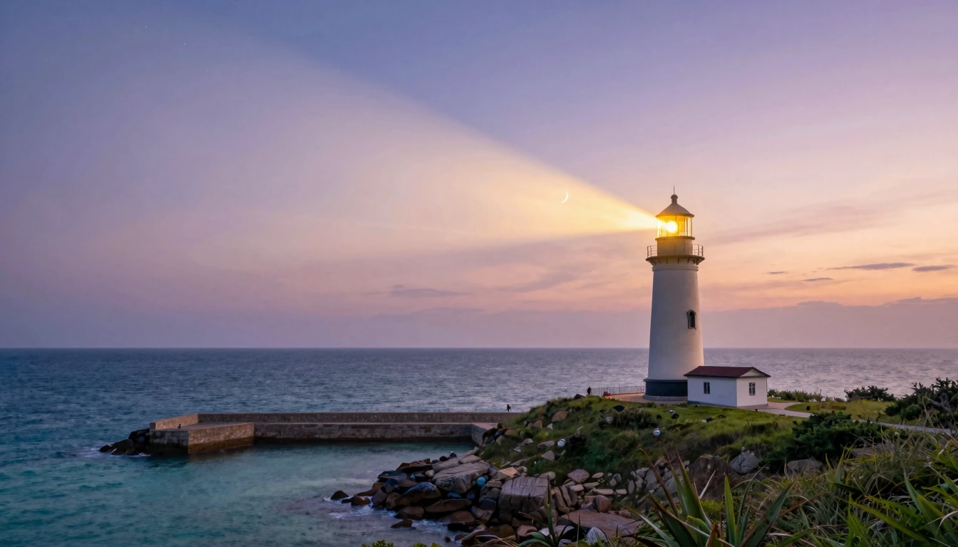 A majestic lighthouse standing on a grassy cliff, casting a ...