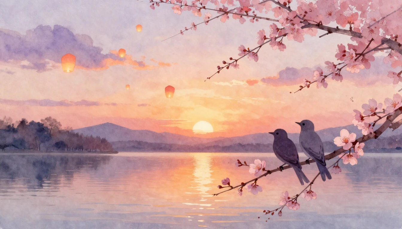 A soft and dreamy watercolor painting depicting a serene sun...