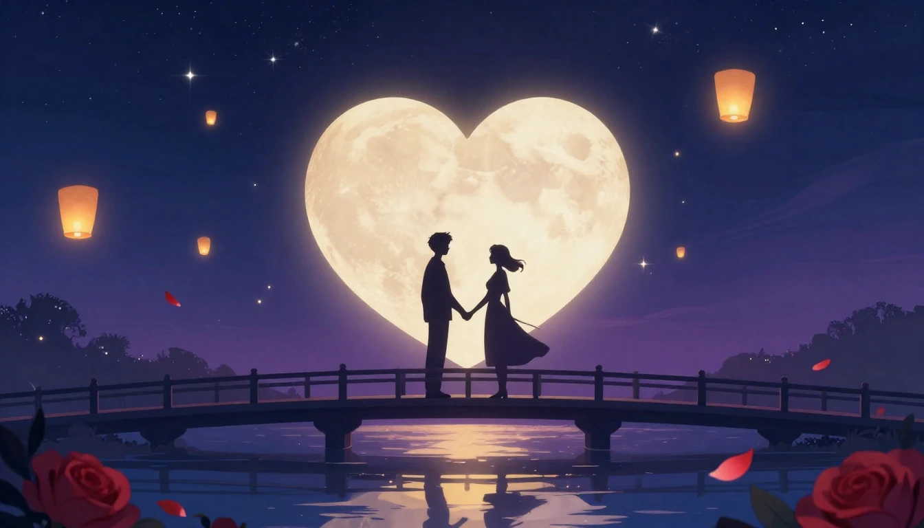 A romantic and dreamy illustration depicting a silhouette of...