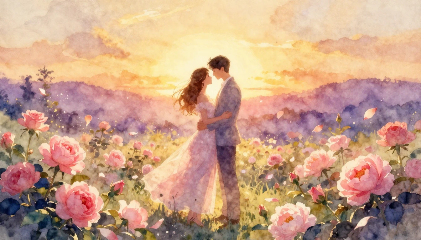 A romantic and tender watercolor painting of a couple standi...