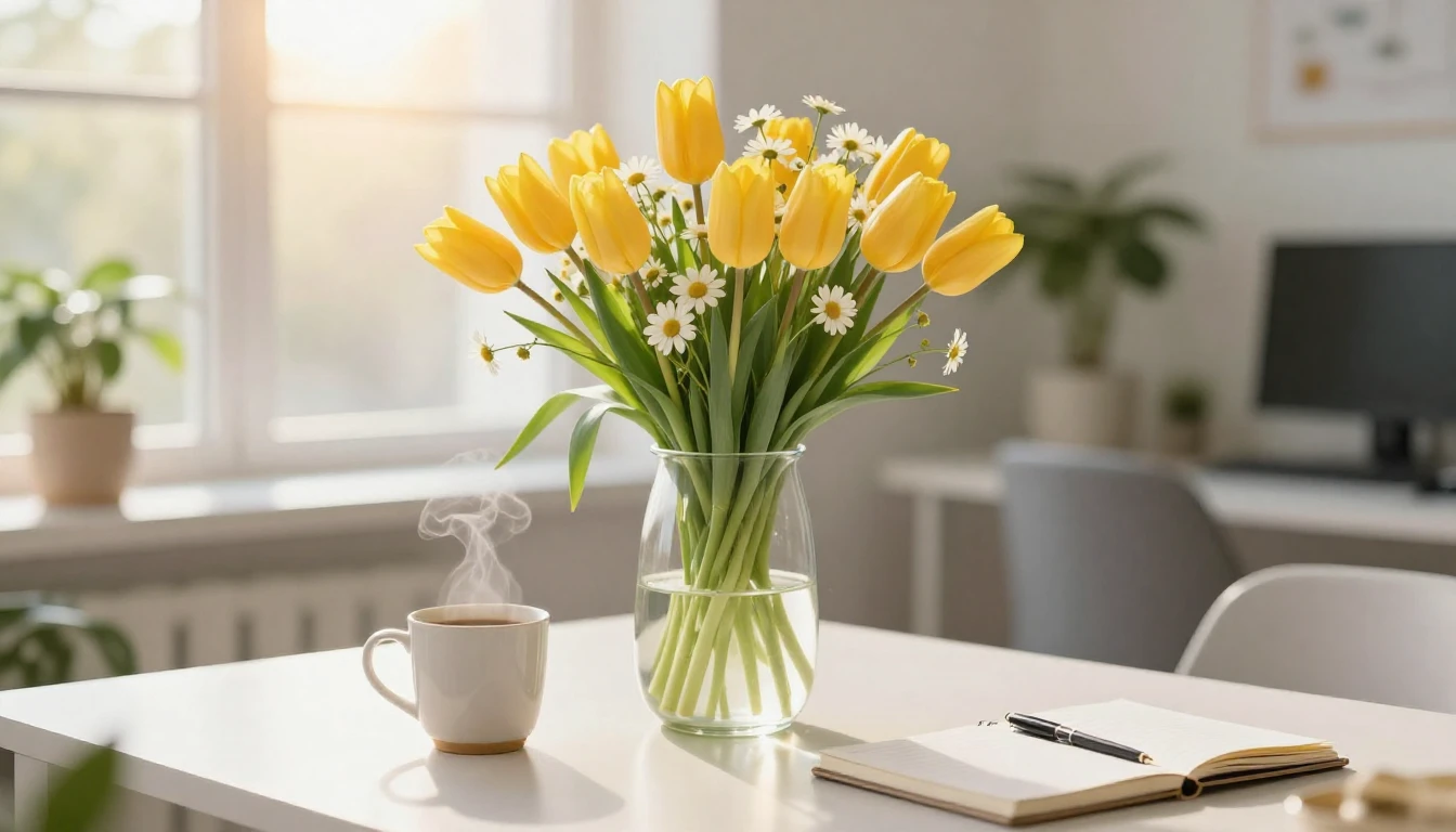 A beautiful, bright office desk scene in early spring. A lar...