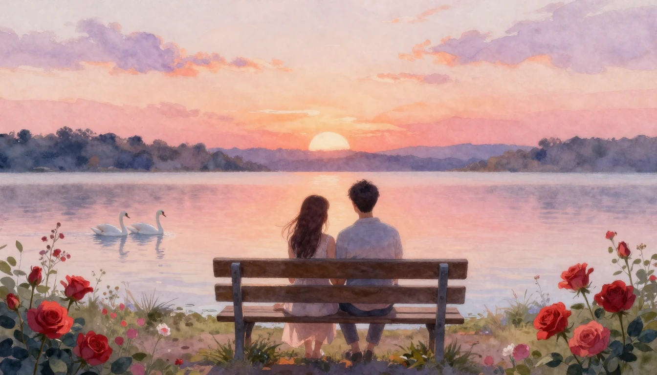 A romantic and dreamy watercolor painting scene. Two white s...