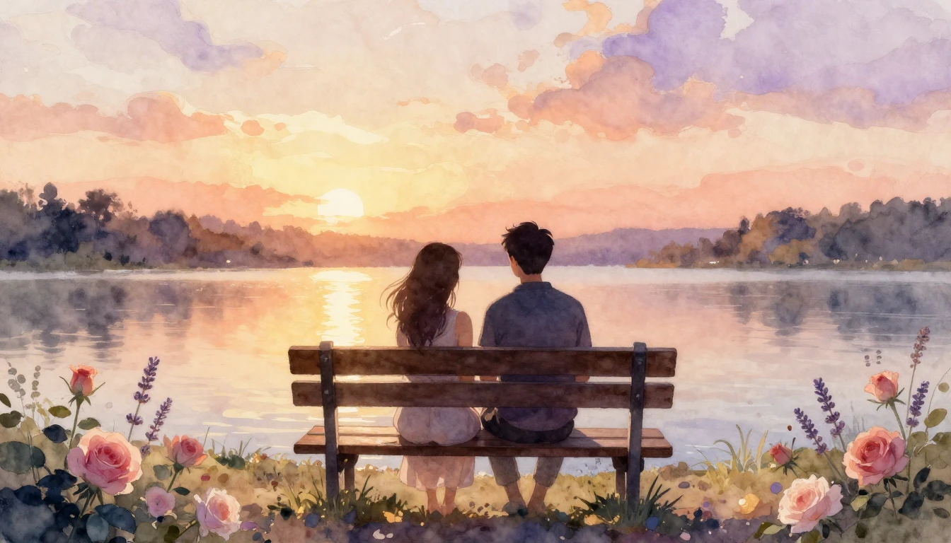 A romantic and cozy scene in a soft watercolor style. Two si...