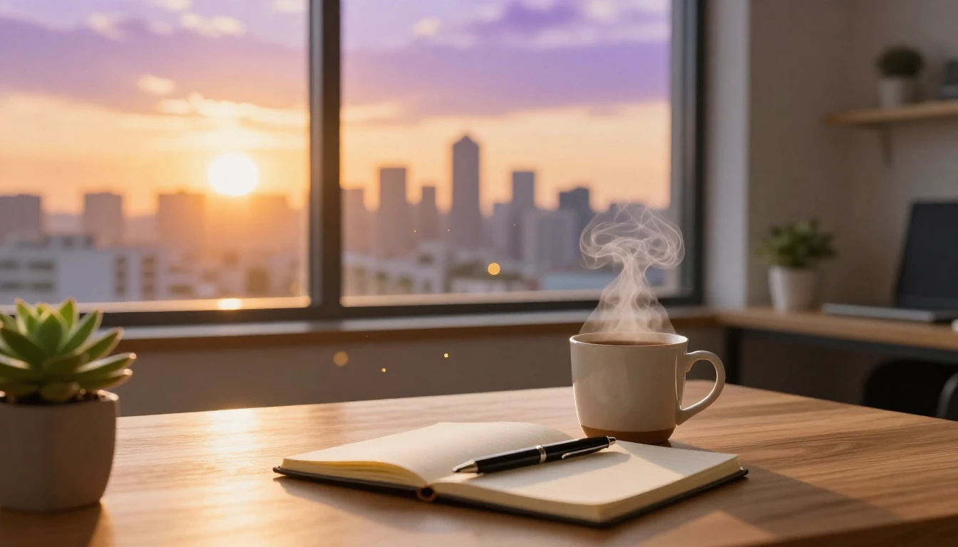 A cozy and modern office workspace at sunrise. On a clean wo...