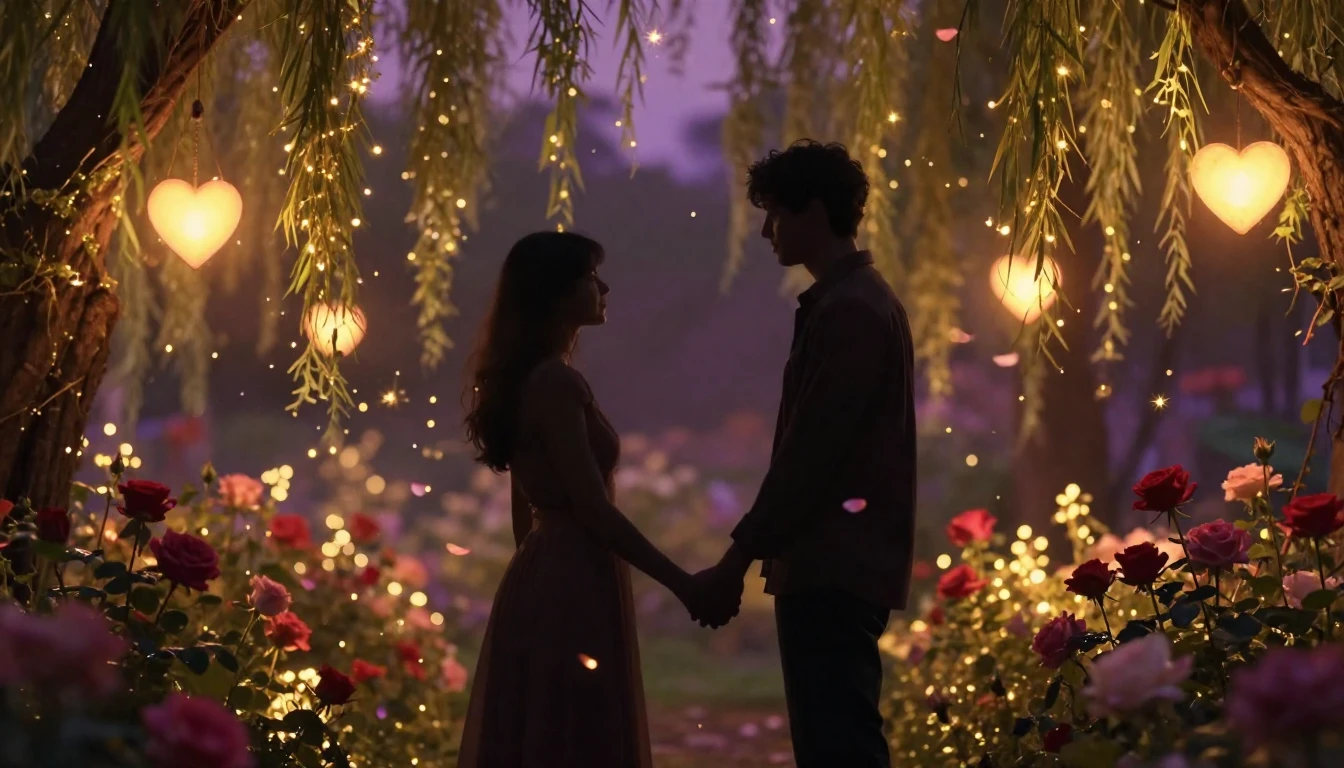 A romantic and intimate scene of two silhouettes holding han...