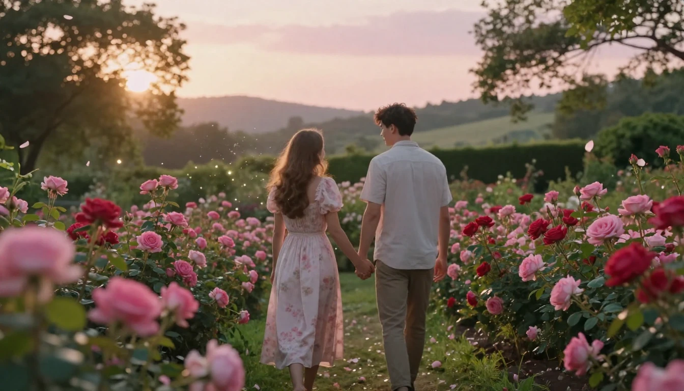 A romantic and ethereal scene of a couple holding hands whil...