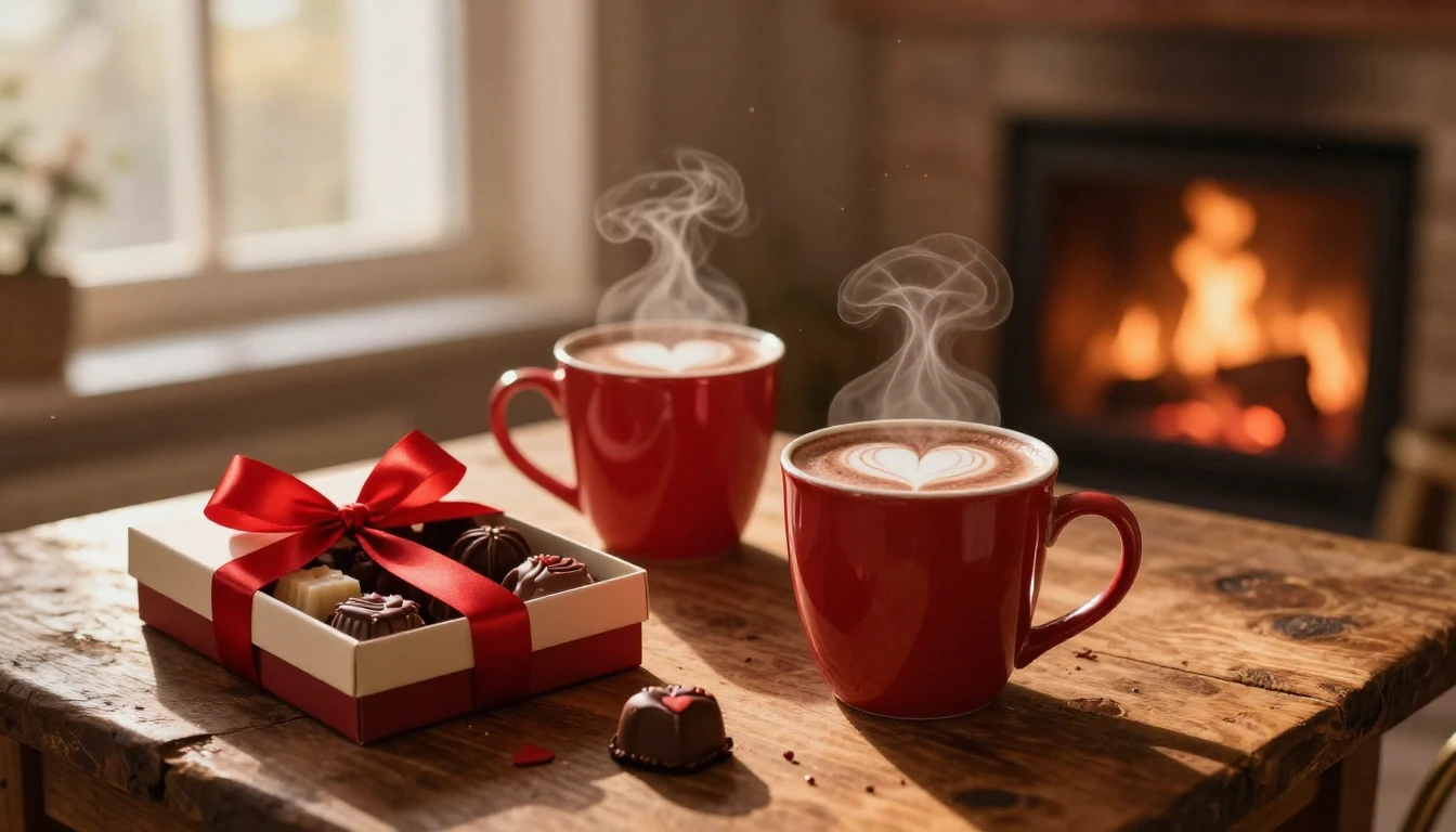 A cozy and romantic Valentine's Day setting. On a rustic woo...