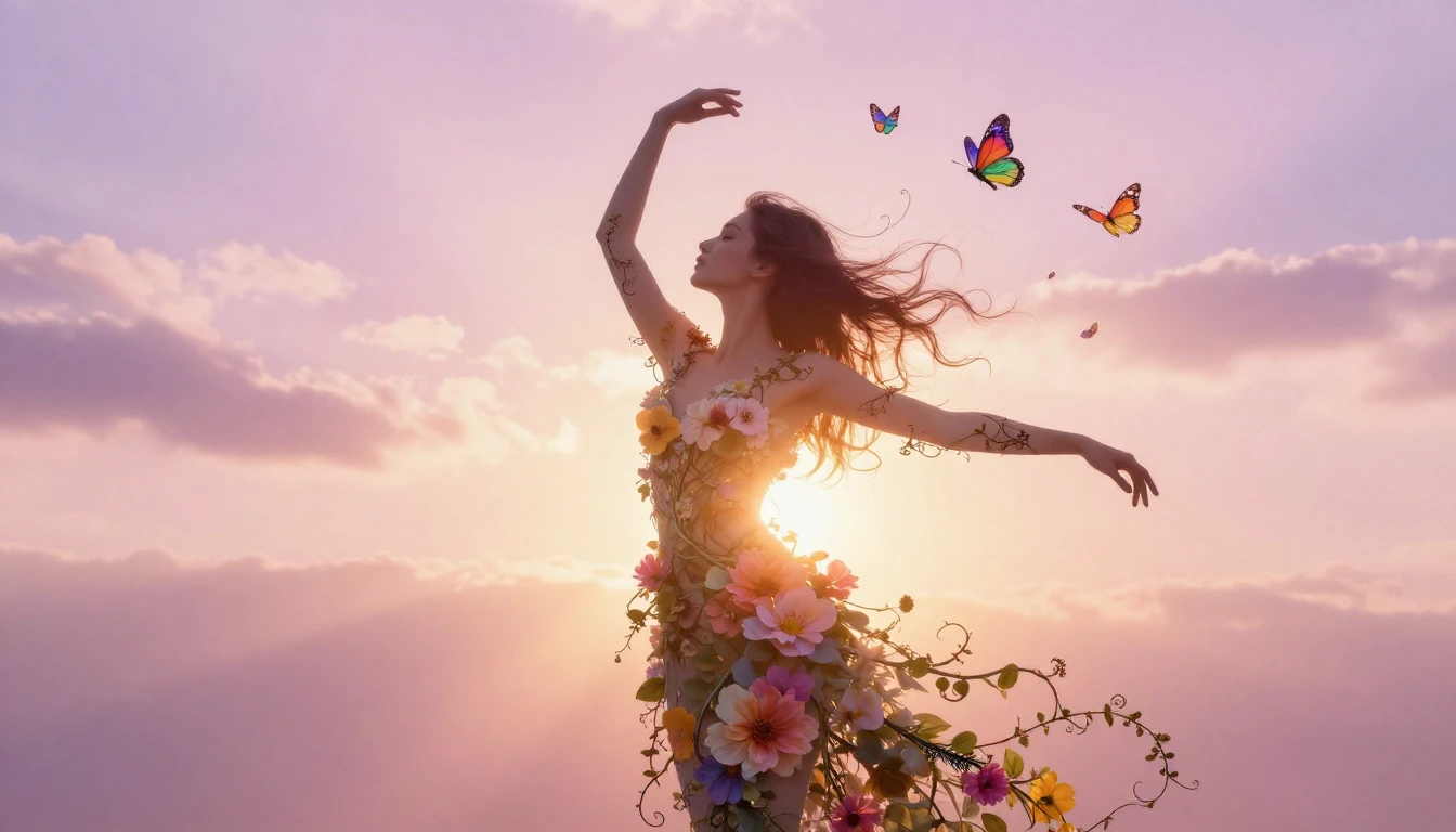 A graceful silhouette of a woman standing against a radiant ...