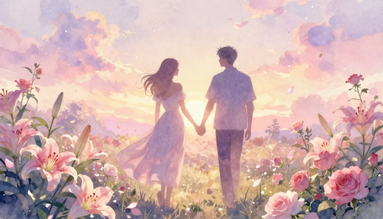 A romantic and dreamy scene of two silhouettes holding hands...