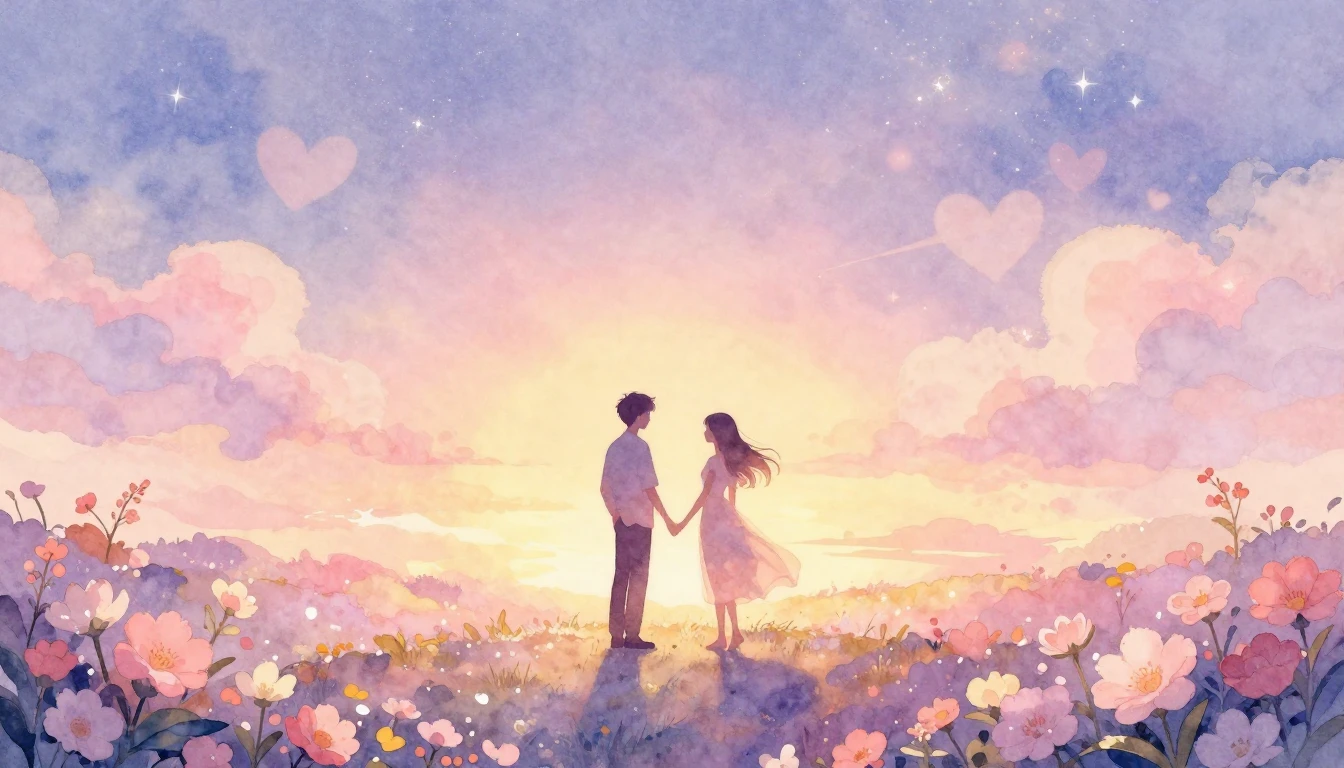 A soft and dreamy watercolor illustration depicting a romant...