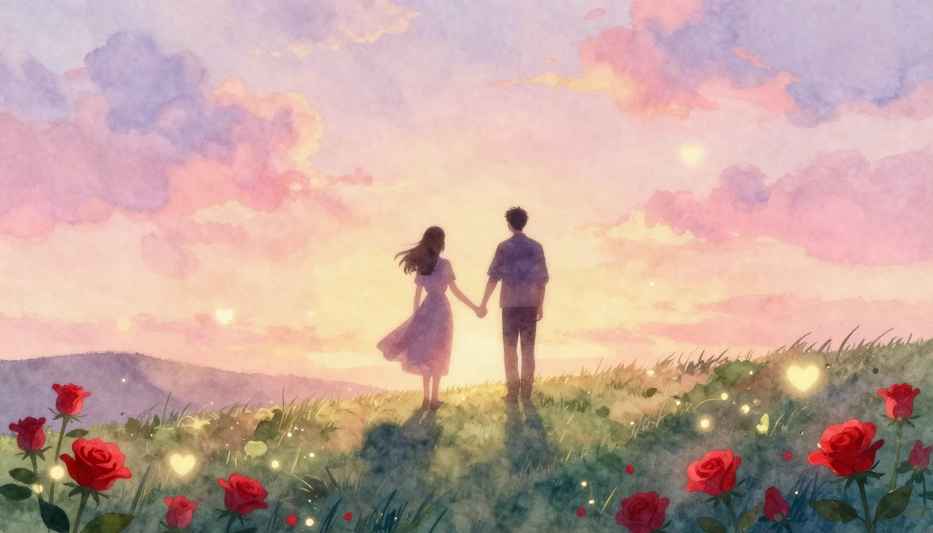 A soft and dreamy watercolor painting depicting two silhouet...