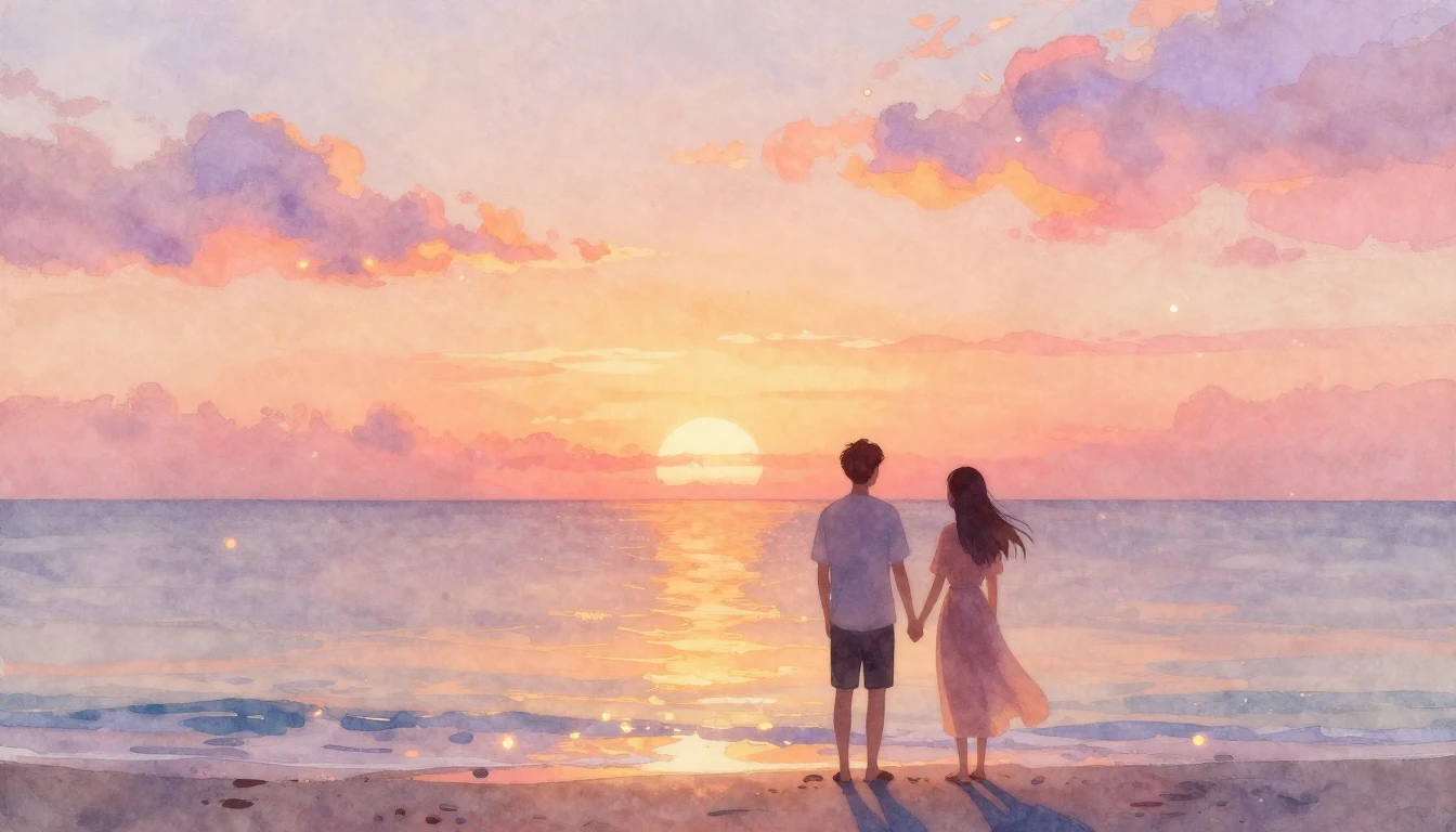 A soft and romantic watercolor painting depicting a golden s...