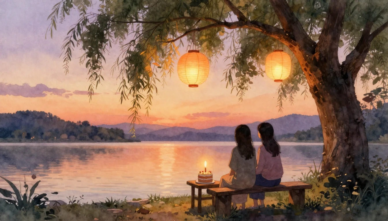 A warm and cozy outdoor scene during a golden hour sunset. T...