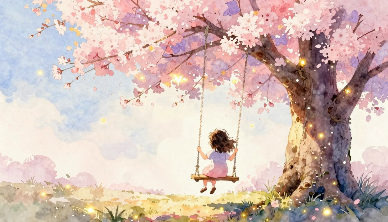 A whimsical watercolor painting of a young girl with curly h...