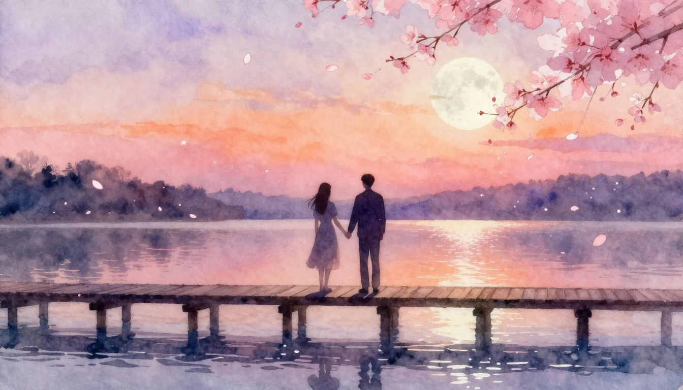 A soft and dreamy watercolor painting depicting two silhouet...