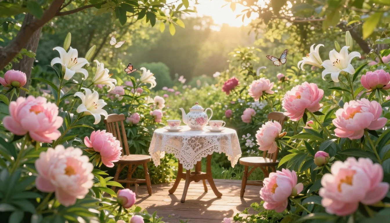 A beautiful and serene garden filled with blooming pink peon...