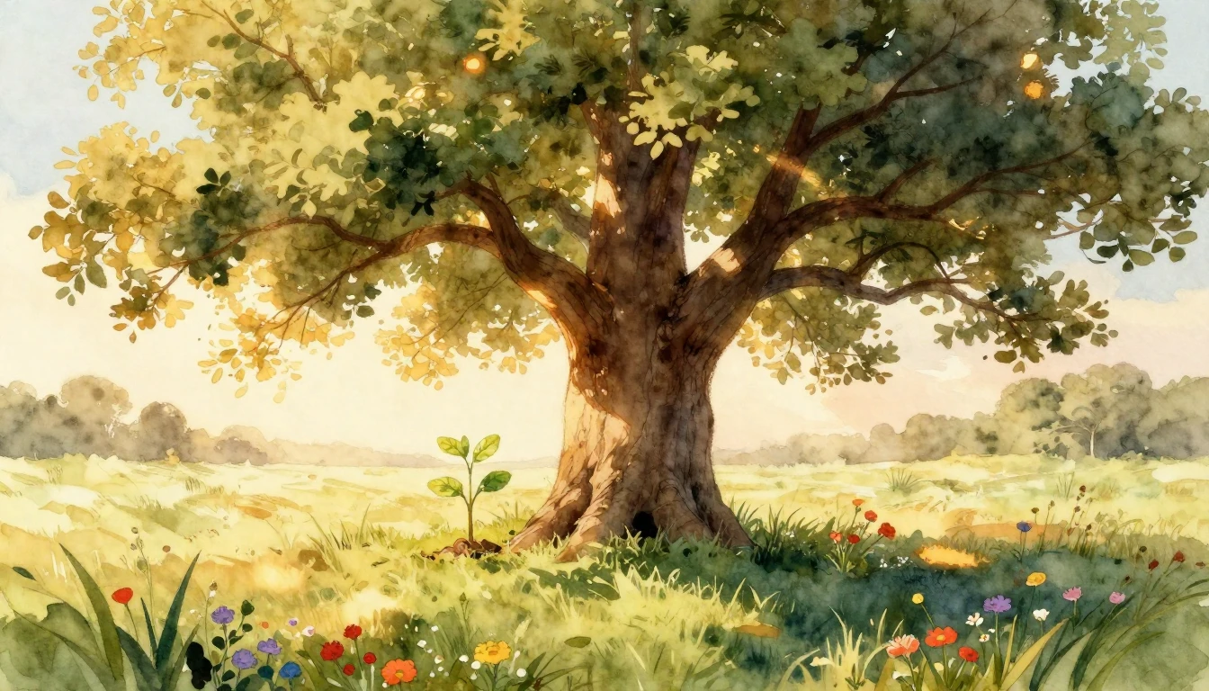 A heartwarming watercolor painting of a large, sturdy oak tr...