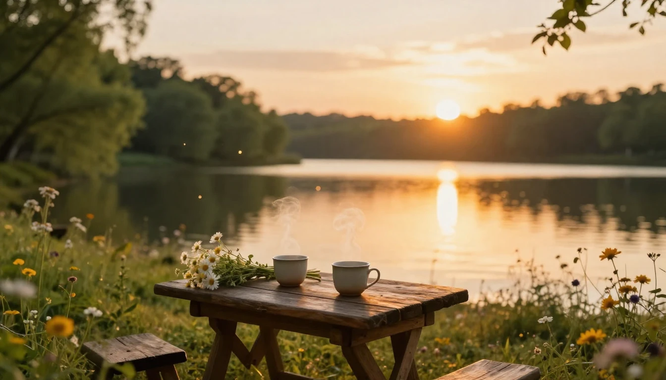 A breathtaking landscape at golden hour, featuring a serene ...
