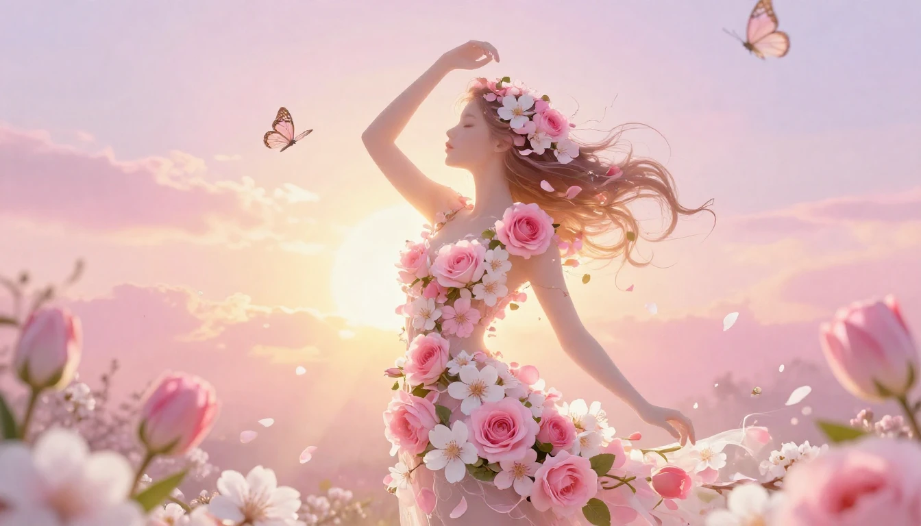 A soft, ethereal illustration symbolizing womanhood and spri...