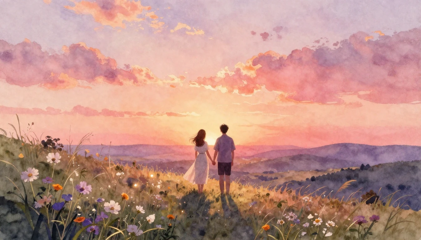 A romantic watercolor painting of a couple standing on a gen...
