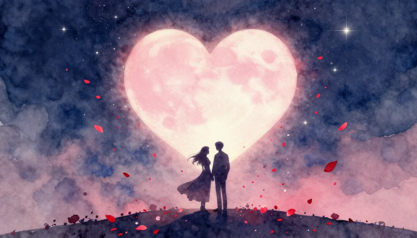 A romantic and dreamy watercolor painting depicting a silhou...