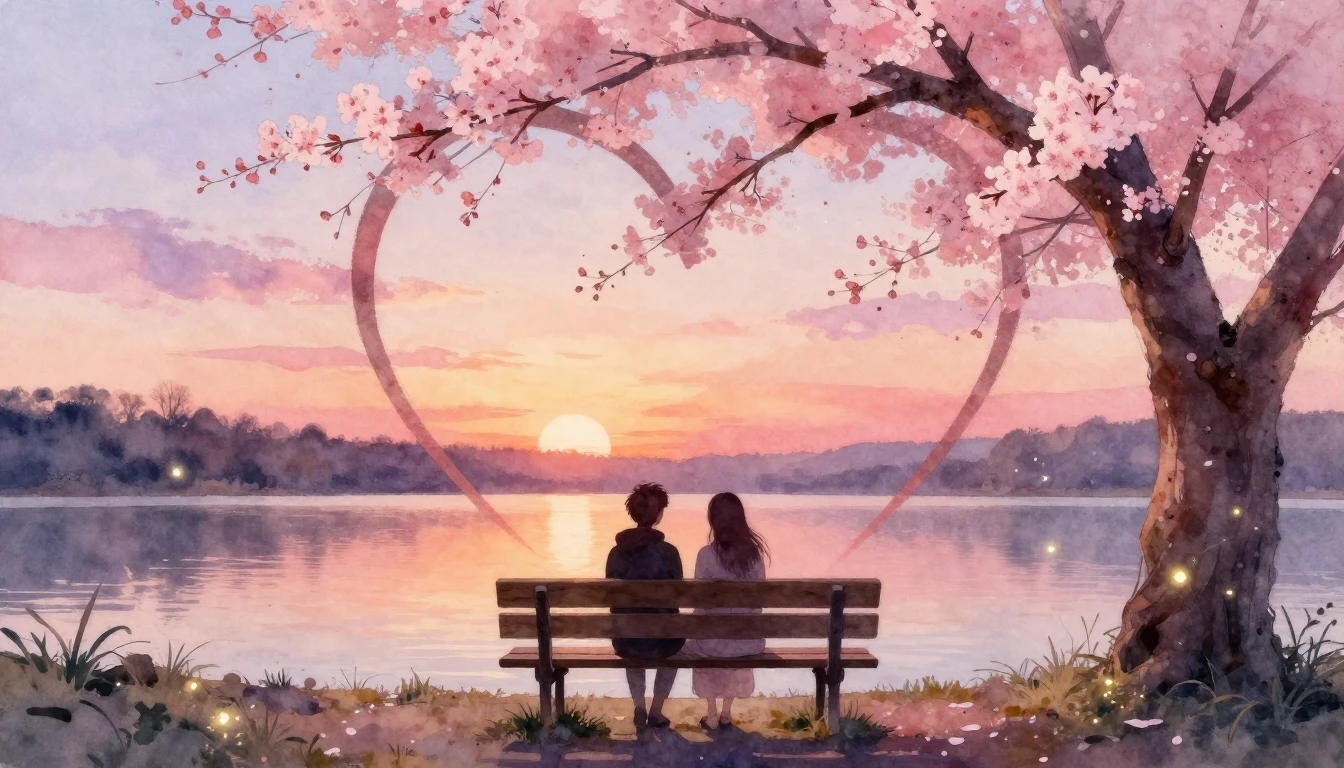 A soft and dreamy watercolor painting depicting a romantic a...