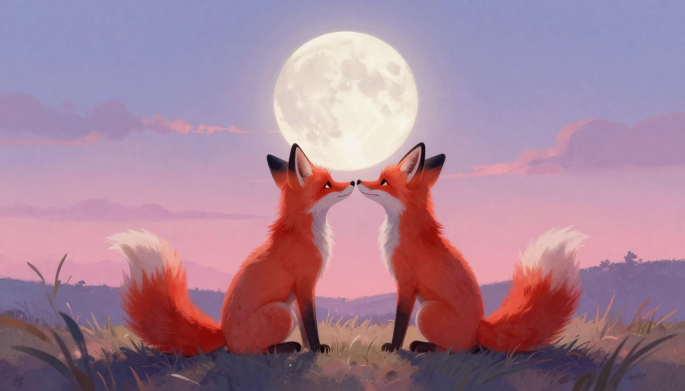 A dreamy and romantic scene featuring two stylized red foxes...