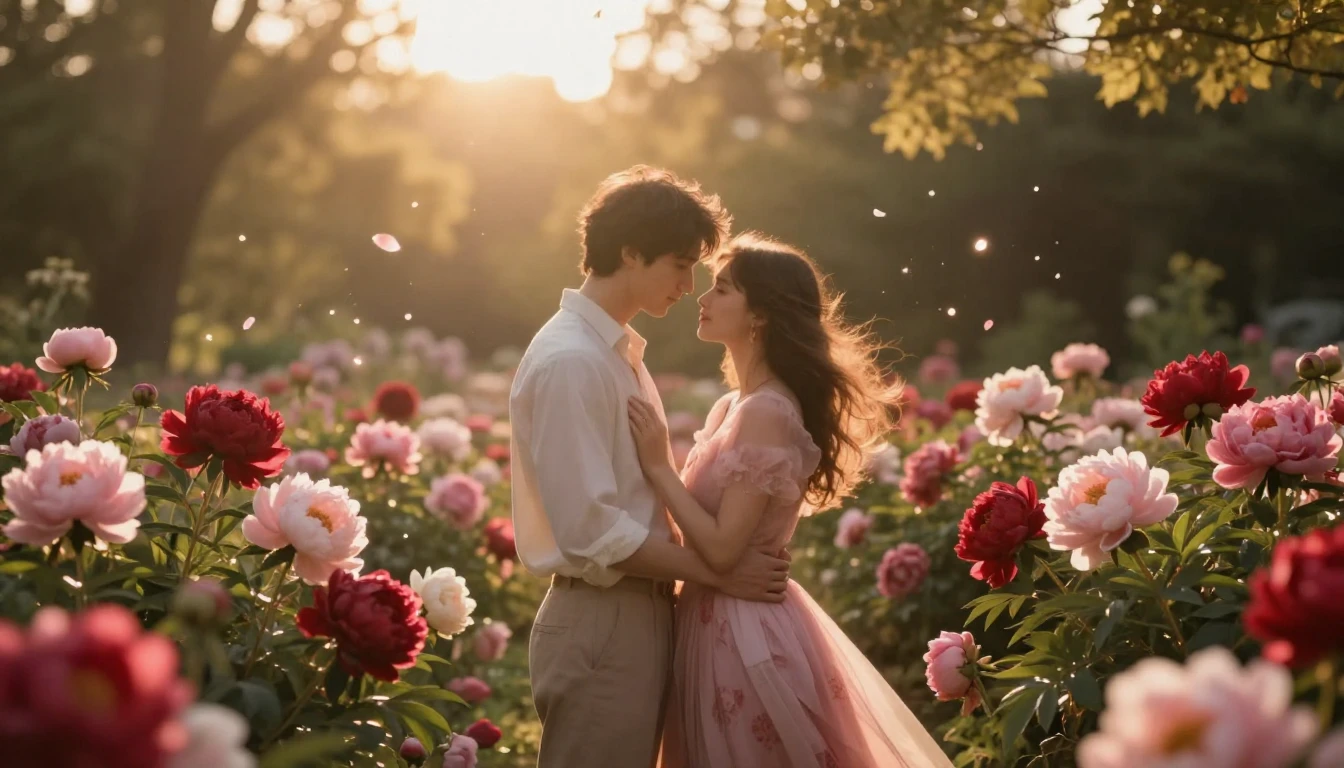 A romantic scene of a couple standing in a magical garden fi...