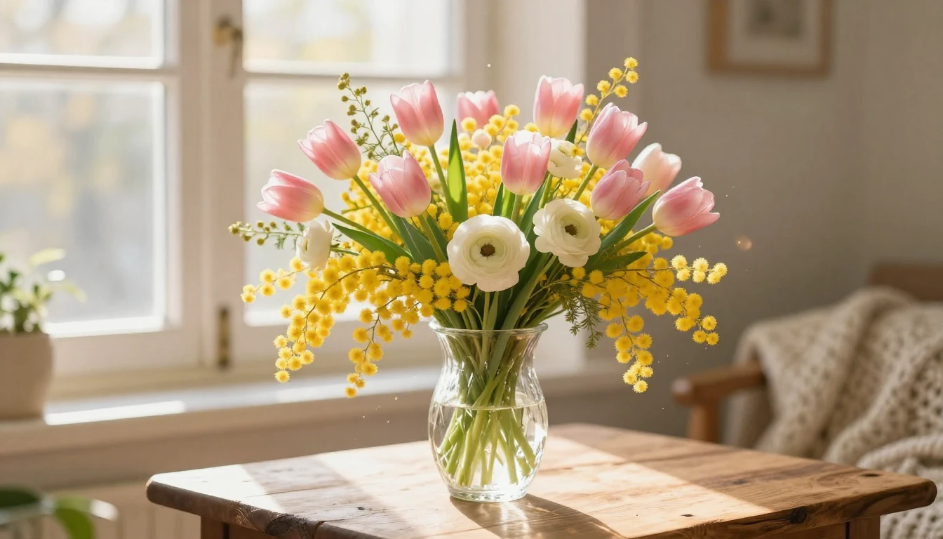 A beautiful, lush bouquet of spring flowers featuring soft p...