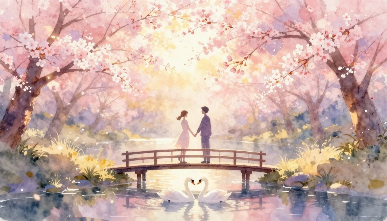 A soft and romantic watercolor painting depicting two styliz...