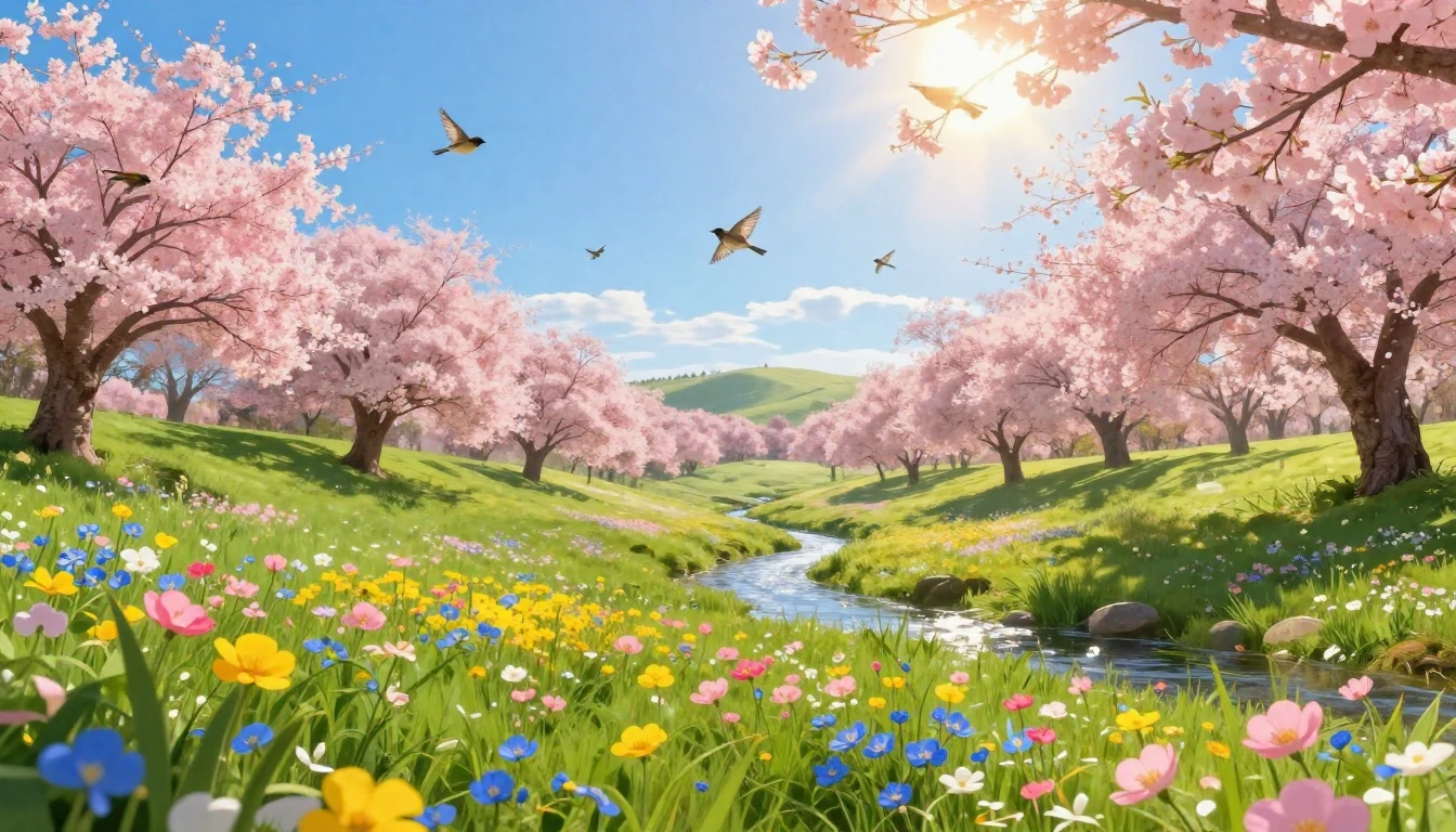 A joyful spring landscape awakening to life. Lush green mead...