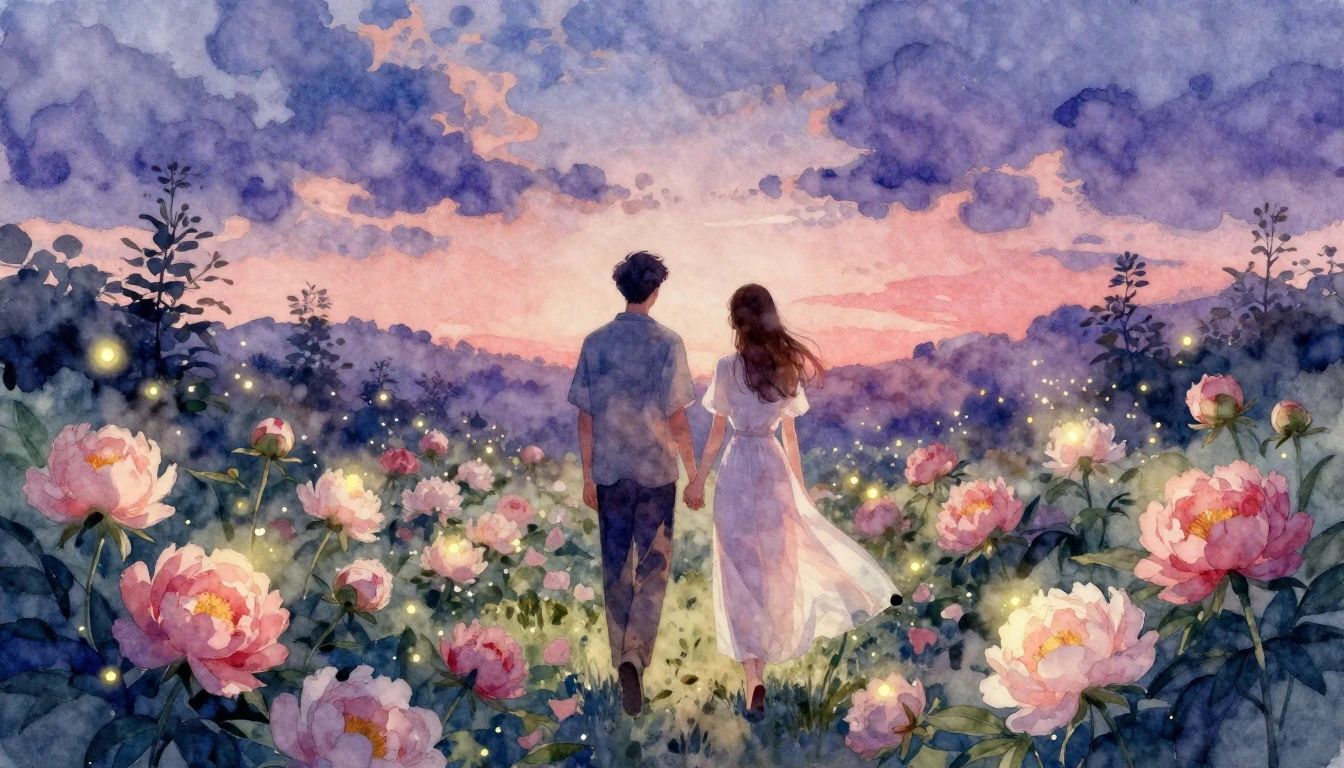A breathtaking watercolor illustration depicting a romantic ...