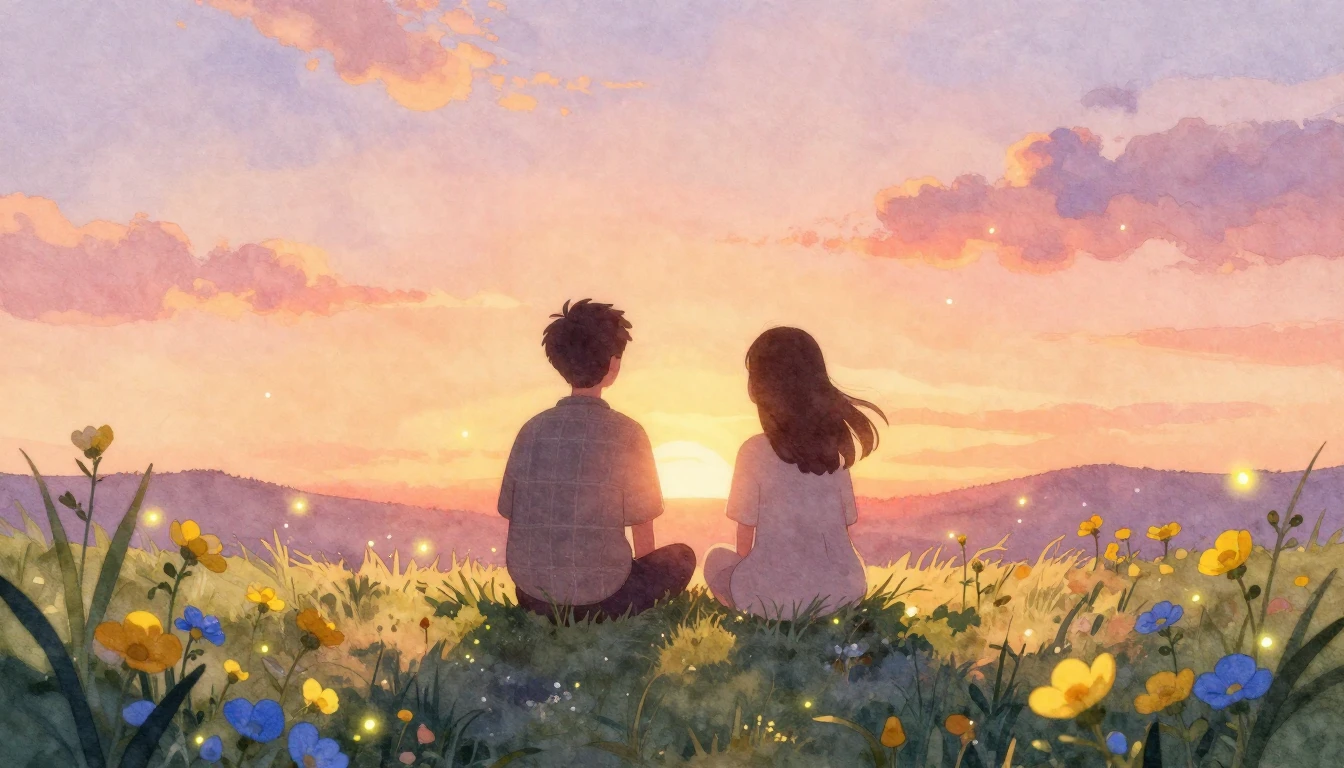 A warm, whimsical watercolor scene depicting two abstract si...